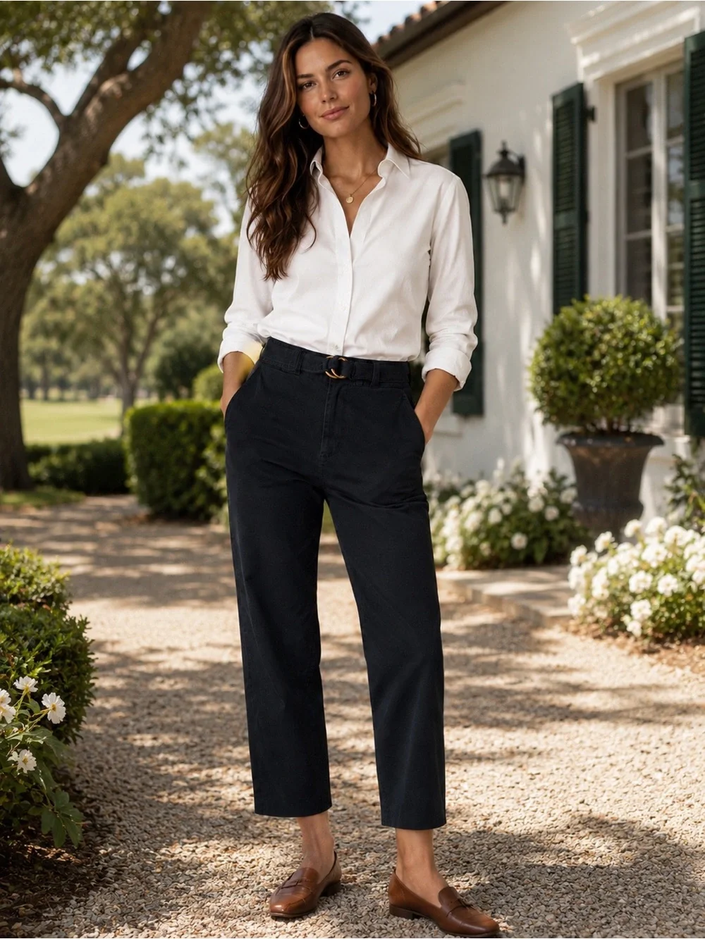 Lauren Ralph Lauren Black Cropped Pants Size 10 Belted Stretch Cotton Preppy
